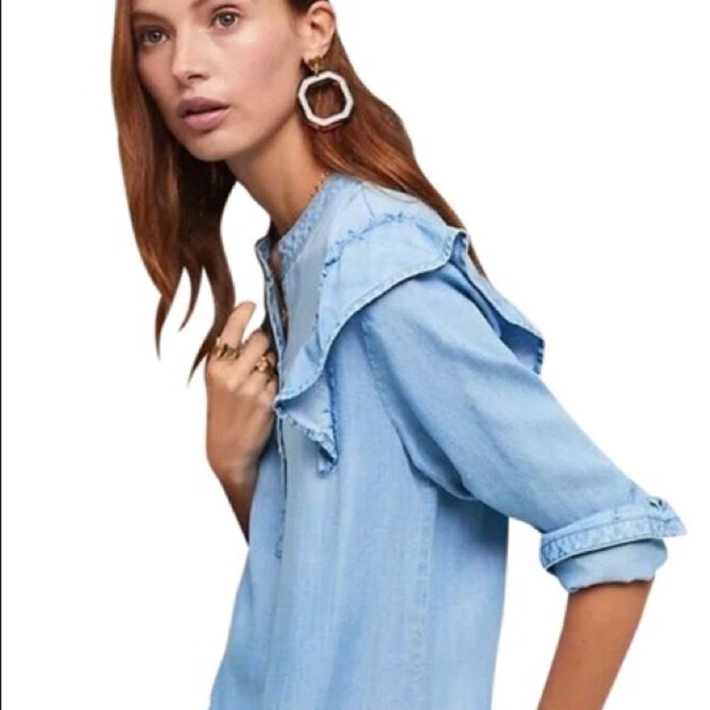Anthro Blue Cloth & Stone Ruffle Shoulder … - Picture 2 of 10